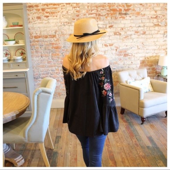 Black Embroidered faux suede off shoulder tunic - Picture 2 of 3